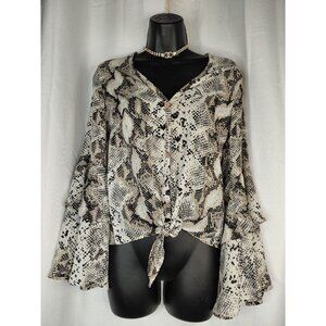 HUMMING BIRD Snake Print Button-Down Blouse With Tie Front & Bell Sleeves